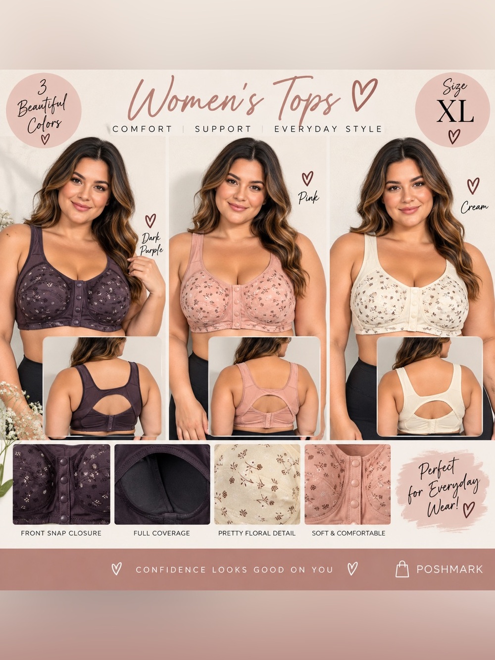 Everyday Comfort Floral Front-Snap Bra — Pink, Dark Purple, Cream